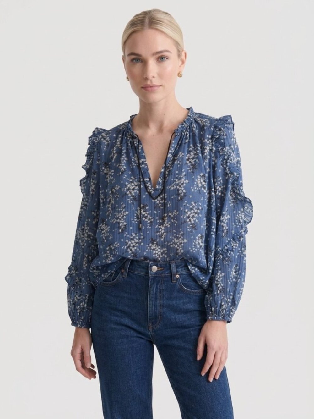 Ulla Johnson Floral Ruffle Tie-Neck Blouse Blue 4